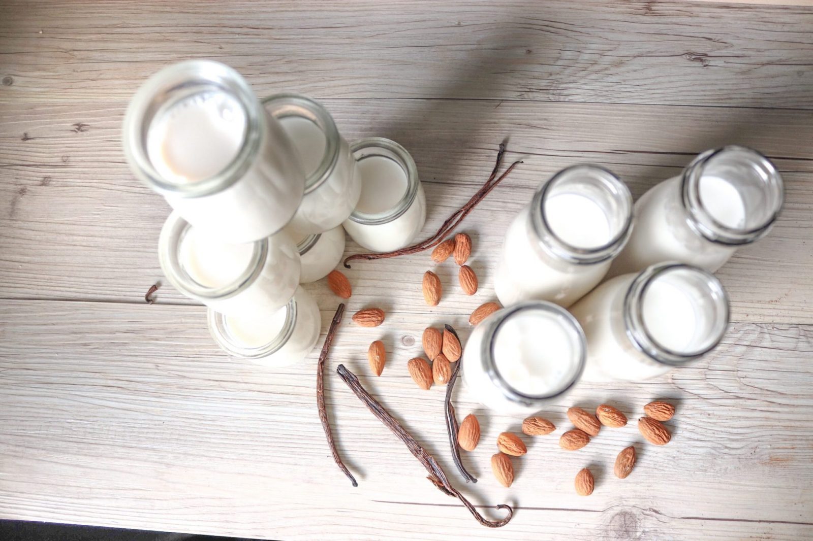 Homemade Almond Milk in Glass Bottles